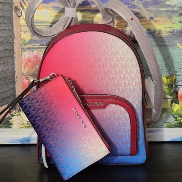 Michael Kors Jaycee Medium Ombre Backpack & Wallet Set In Dark roseberry NWT - Picture 1 of 8